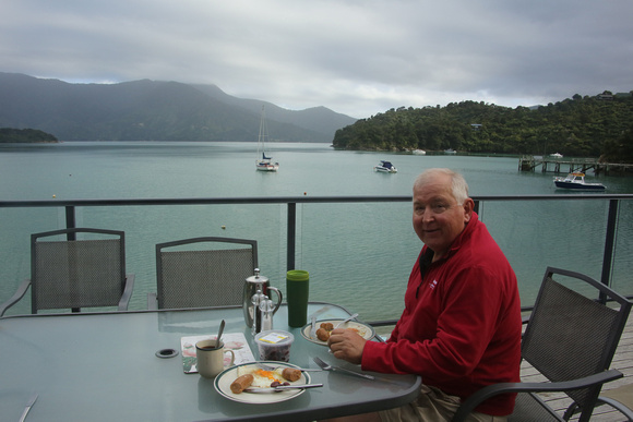 Dave eating breakfast at our hotel in Te Mahia Bay